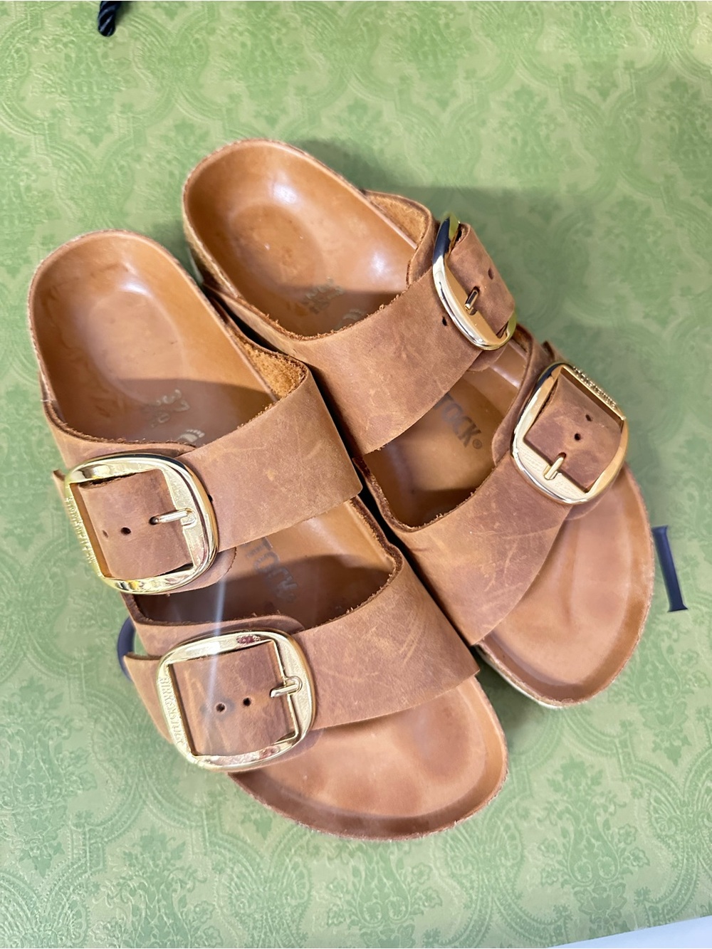 Birkenstock Tan Leather Double Buckle Sandals with Gold Buckles